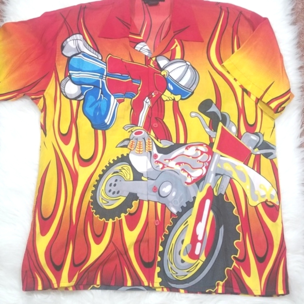 Sun & Moon Graphic Motorcycle Men Button Down Short Sleeves Shirt. Size L - Picture 3 of 9